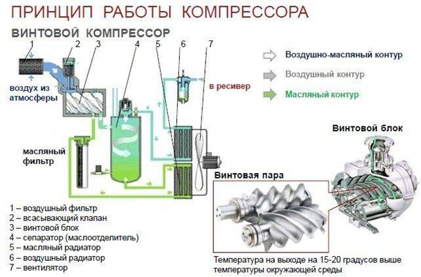 Винтовой компрессор: принцип действия и схема
